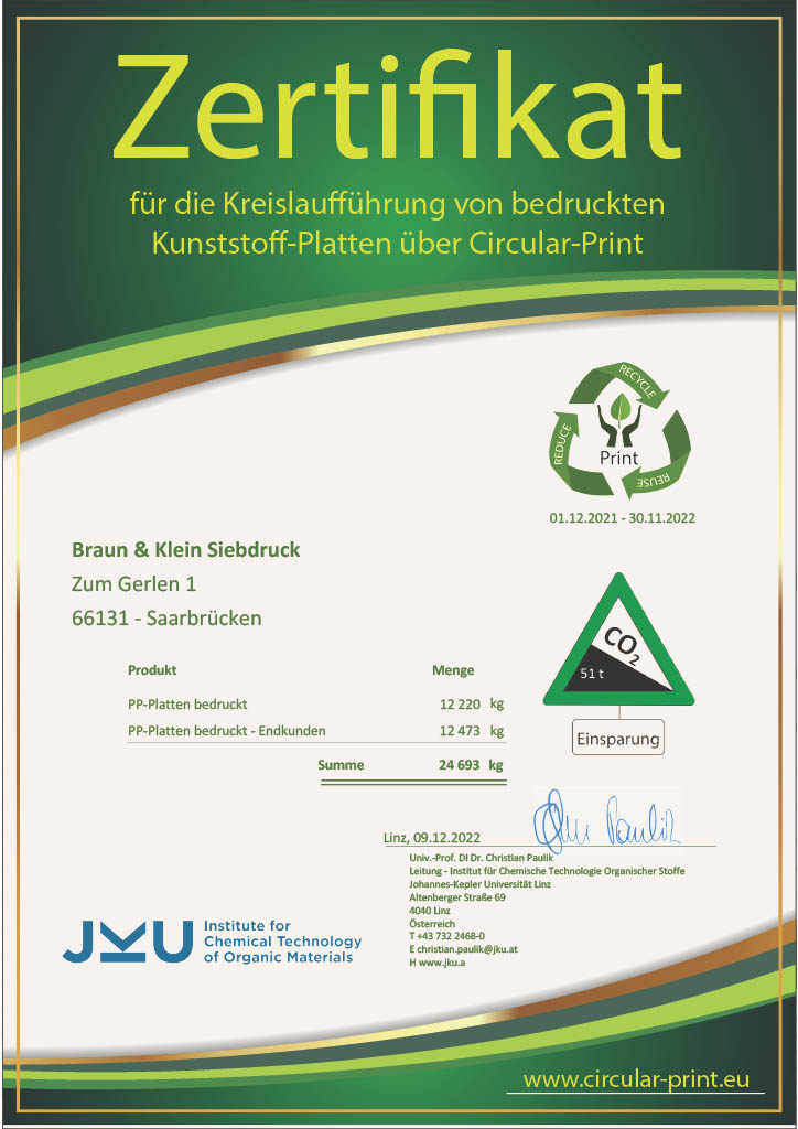 Braun-Klein Siebdruck: CO2-Einsparungen